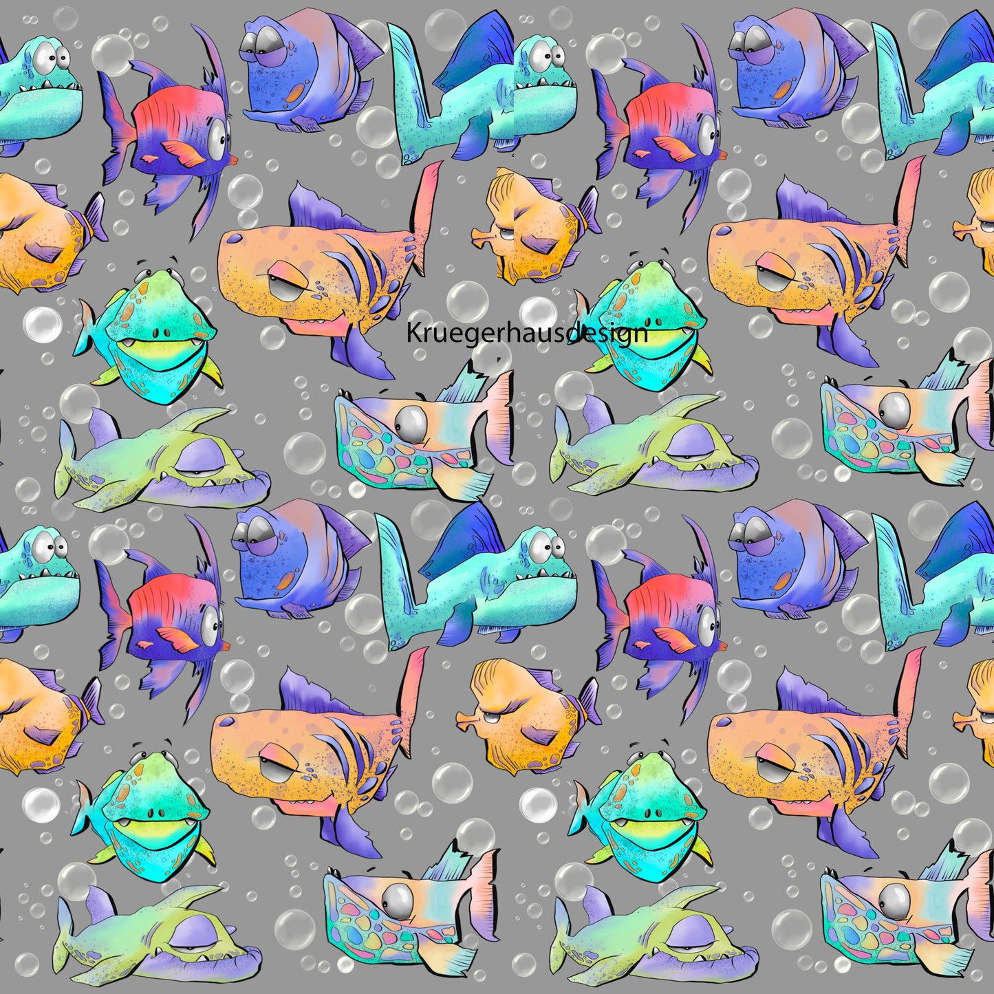 Stoffdesign, Surface Design Handgezeichnet Fische Unterwasser Gewimmel