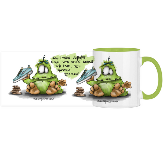 Tasse, Kaffeetasse, Teetasse, Kruegerhausdesign Monster mit Spruch, zweifarbig, 2. Variante, Ich liebe Schuhe...