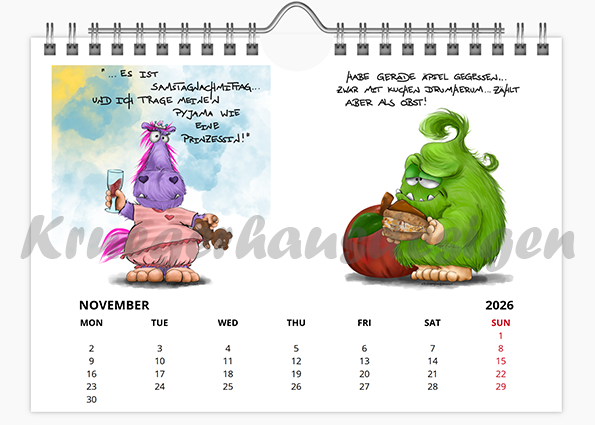 Kalender Wandkalender in Größe A5 mit jeweils zwei Monstermotiven 2026