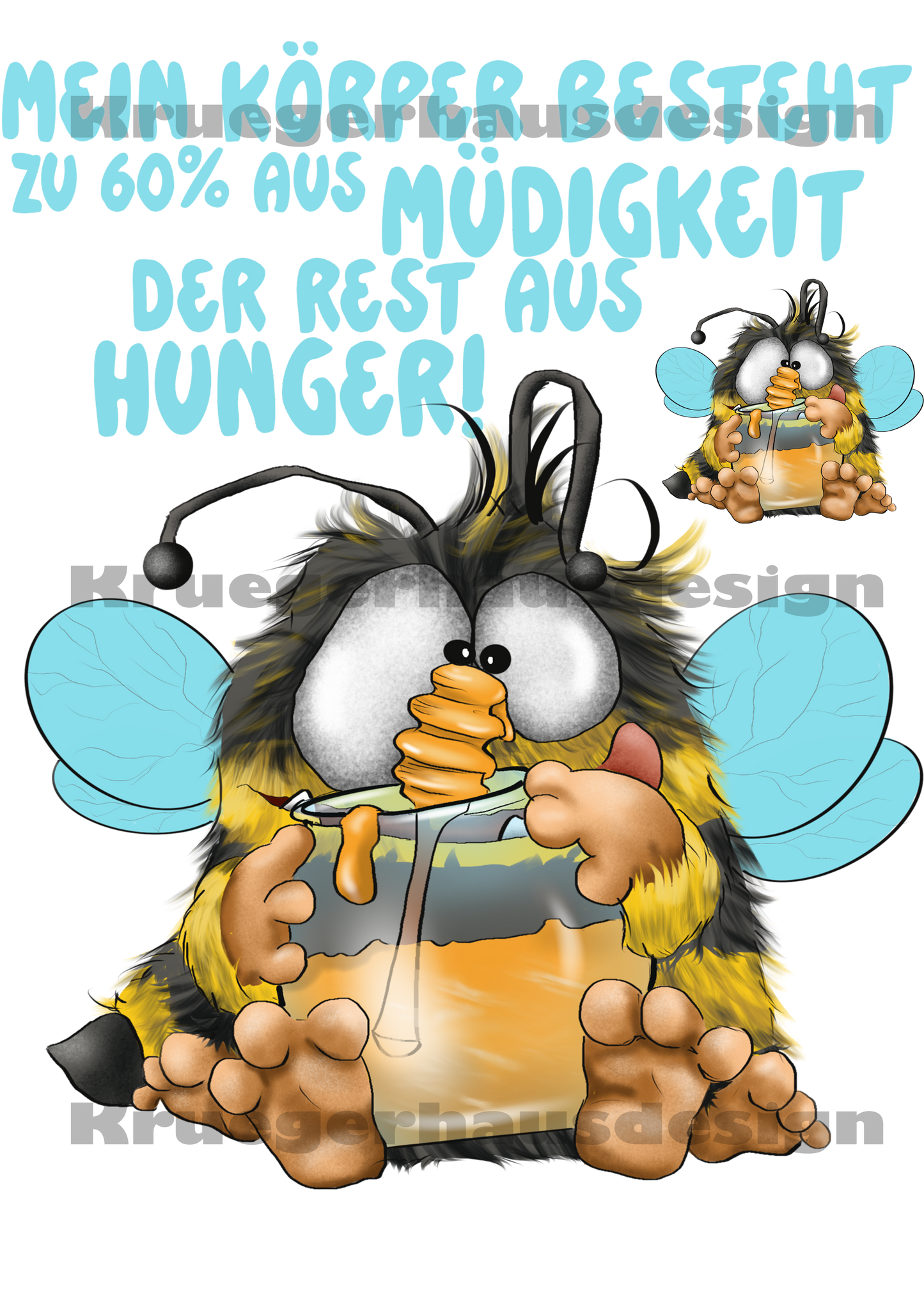 Lustiges Bügelbild Müdigkeit & Hunger DIN A4 – „Mein Körper besteht zu 60% aus Müdigkeit“ – DIY T-Shirt Transferfolie – Humor Spruch