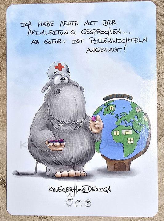 Postkarte Kruegerhausdesign Monster mit Spruch, Ich habe heute mit der Heimleitung gesprochen... Ab sofort ist Pillenwichteln angesagt!