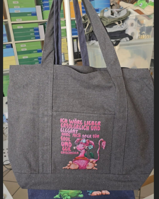 Große Canvas Tasche, Mustertasche, schwarz granit (optisch grau) mit Ich wäre lieber erfolgreich und elegant...