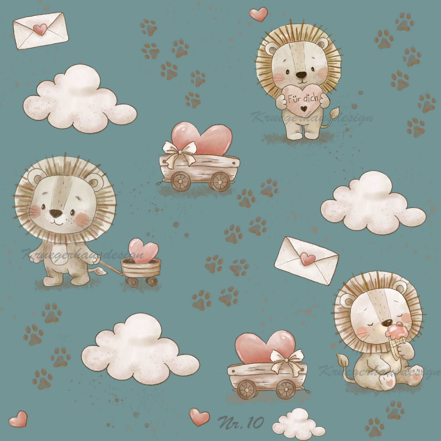 Liebevoll handgezeichnetes Stoffdesign – digitaler Download, LoveLeo10