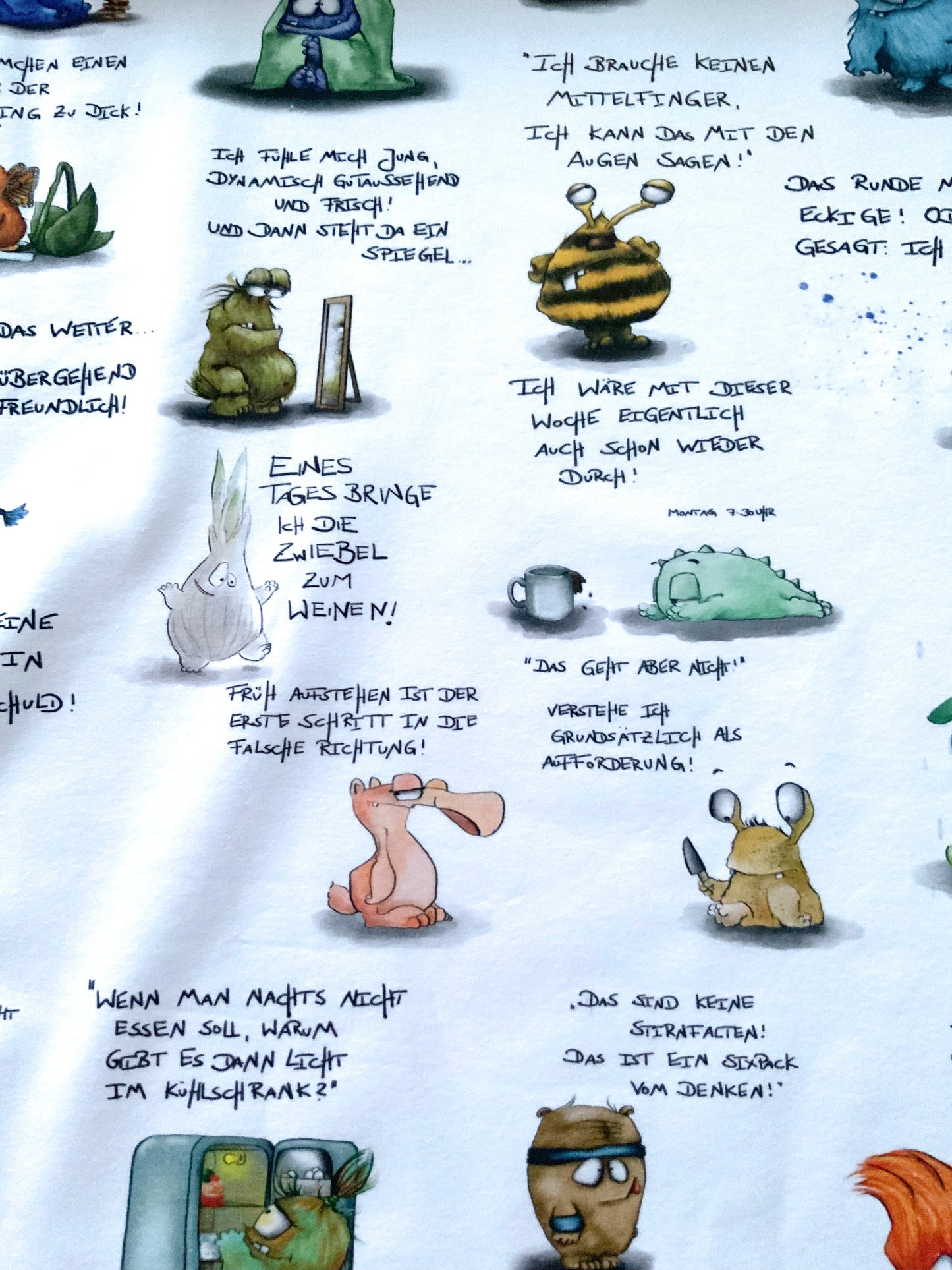 0,5m Organic French Terry, Stoff, Eigenzeichnung, Monster mit Sprüchen auf weiß Klassiker