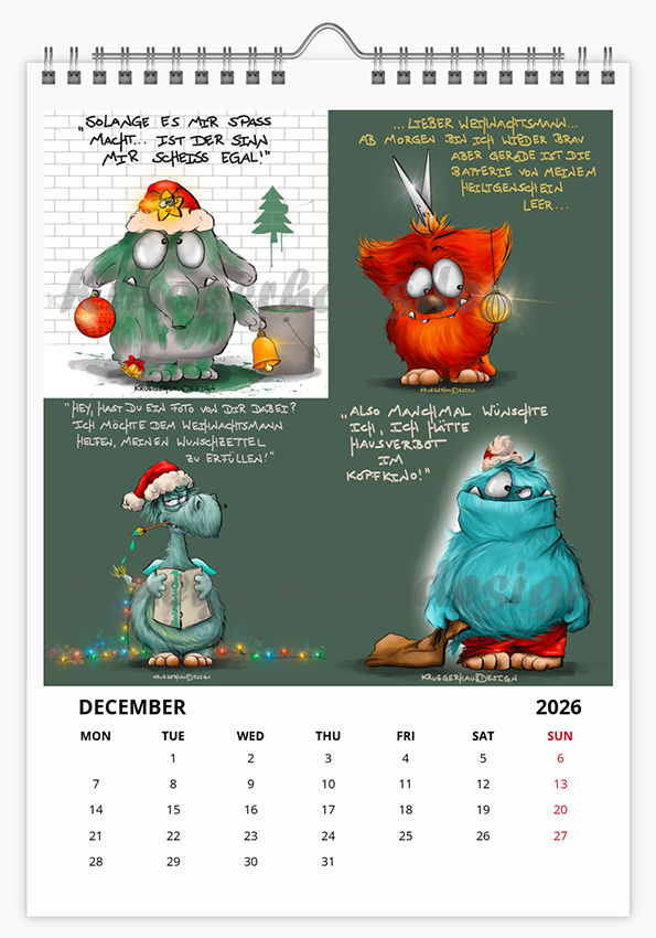 A3 XL Kalender Wandkalender Kruegerhausdesign Monster , gab es letztes Jahr schon, 2026