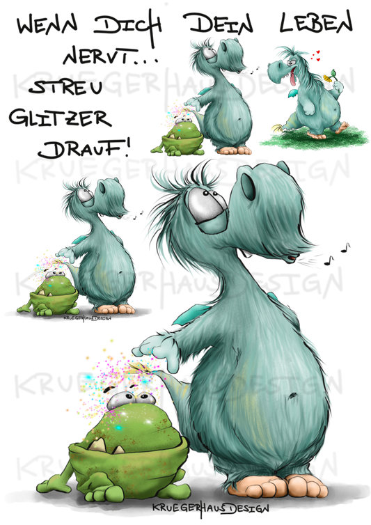 A4 Bügelbild Kruegerhausdesign Monster mit Spruch, Wenn dein Leben dich nervt... #253