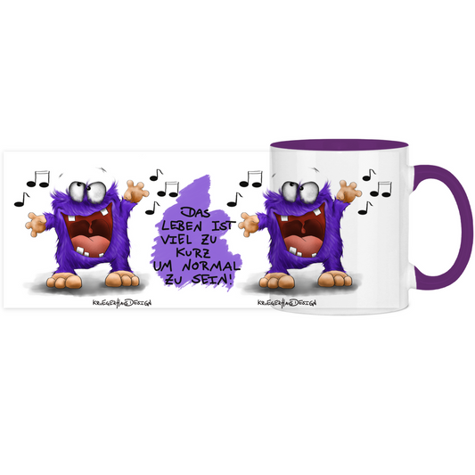 Tasse, Kaffeetasse, Teetasse, zweifarbig, Kruegerhausdesign Monster mit Spruch, 2. Variante, Das Leben ist viel zu kurz...