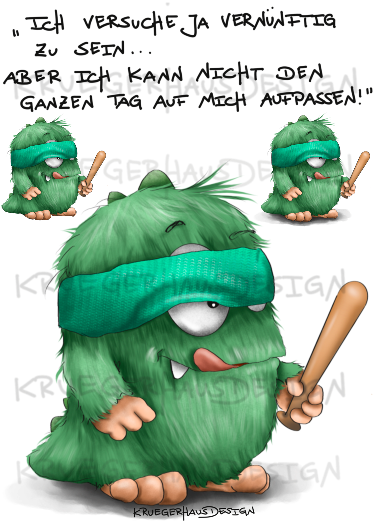 A4 Bügelbild Kruegerhausdesign Monster mit Spruch, Ich versuche ja vernünftig... #172