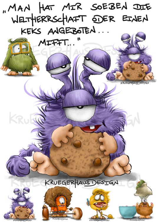 4 Bügelbild Kruegerhausdesign Monster mit Spruch, Man hat mir soeben die Weltherrschaft...