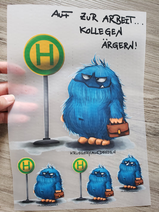 A4 Bügelbild Kruegerhausdesign Monster, "Auf zur Arbeit..." mit Liebe illustriert