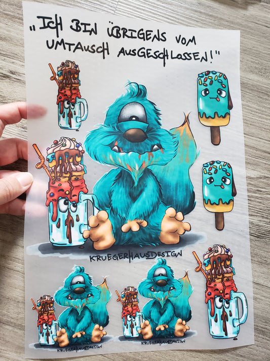 A4 Bügelbild Kruegerhausdesign Monster, "Ich bin übrigens vom Umtausch..." mit Liebe illustriert