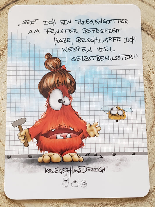 Postkarte Monster Kruegerhausdesign " Seit ich ein Fliegengitter..."