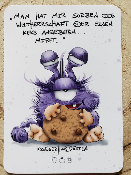 Postkarte Monster Kruegerhausdesign "Man hat mir soeben die Weltherrschaft.."