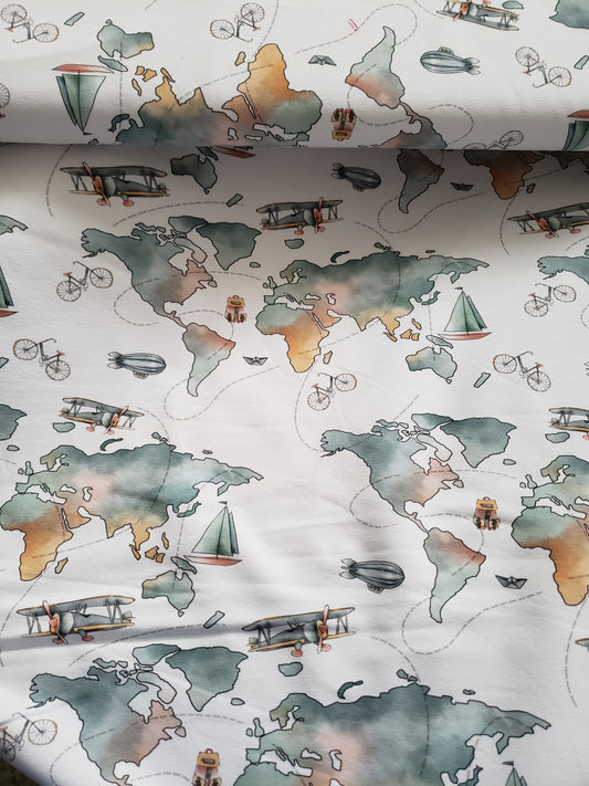 Reststück 1,20m French Terry, Gots Sommer Sweat Stoff, Boho Weltkarte, pastell Töne