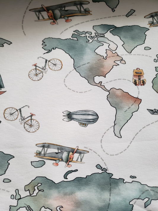 Reststück 1,20m French Terry, Gots Sommer Sweat Stoff, Boho Weltkarte, pastell Töne