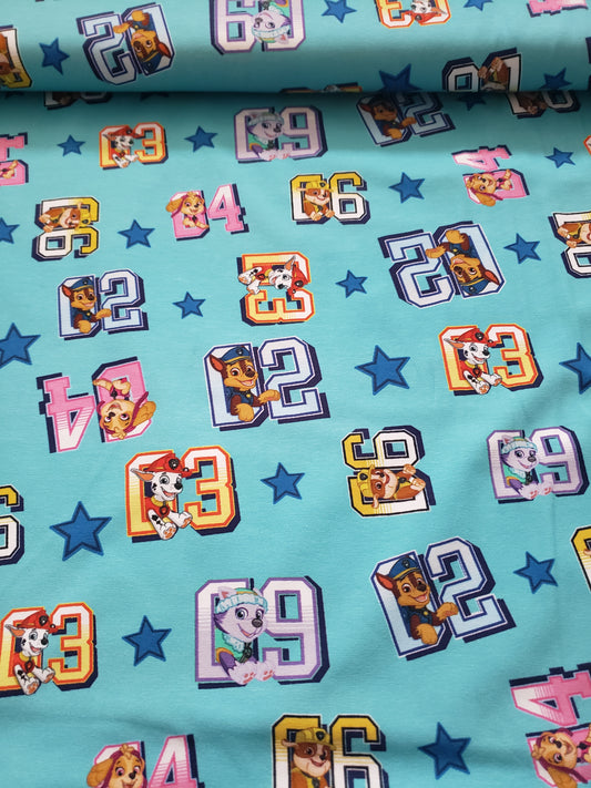 0,5m Nickelodeon, Jersey Stoff, Paw Patrol, Numbers, Lizenzstoff,türkis