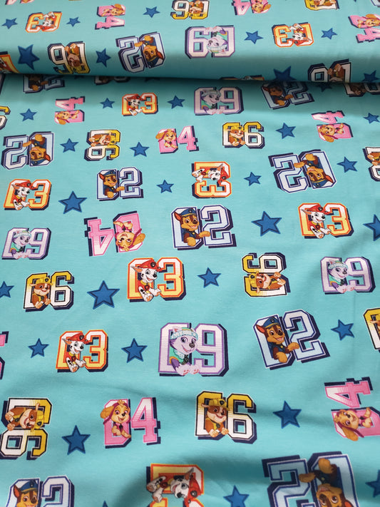 0,5m Nickelodeon, Jersey Stoff, Paw Patrol, Numbers, Lizenzstoff,türkis