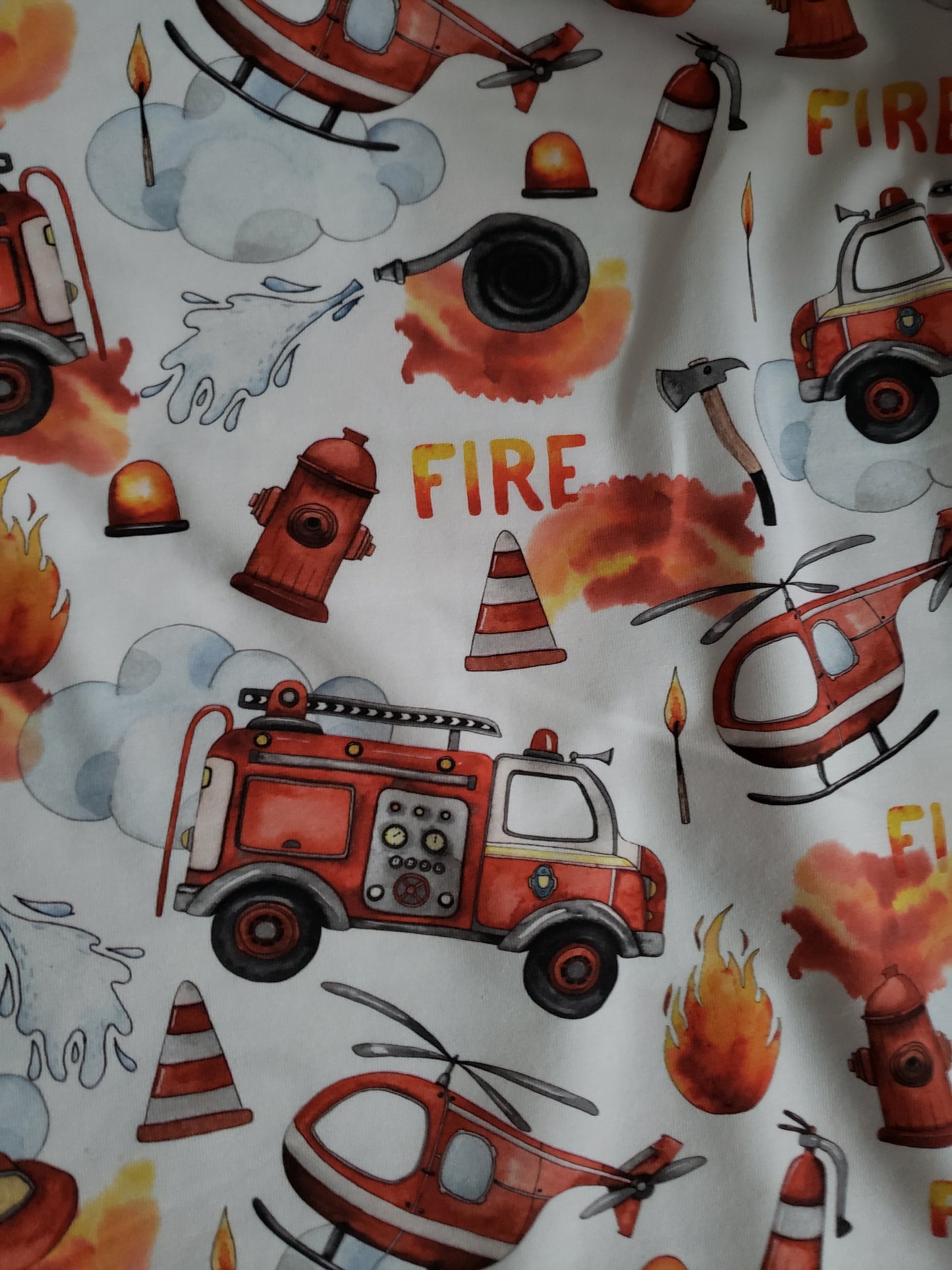 Reststück 1,28m , Organic Cotton, Jersey Stoff, weiß rot , Feuerwehr