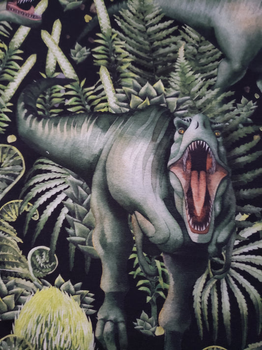 Reststück 1,30m French Terry, Sommer Sweat, Baumwolle, Stoff, Dinosaurier grün