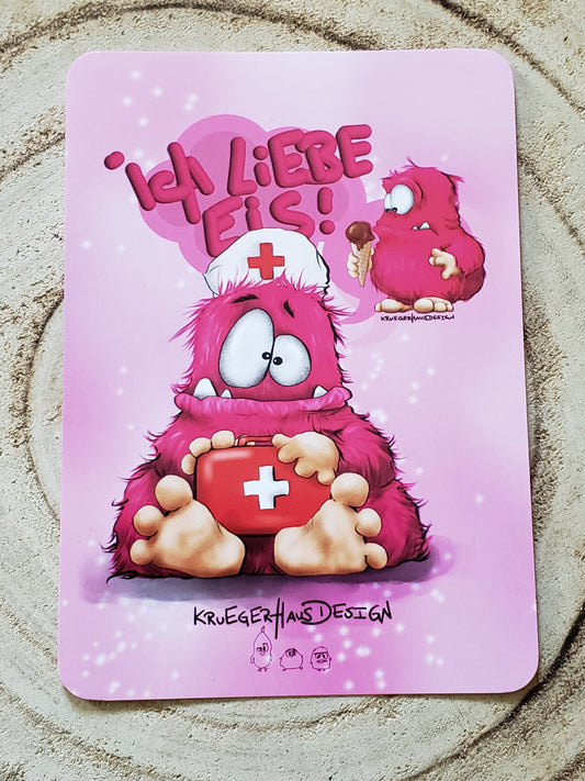 Postkarte Kruegerhausdesign Monster mit Spruch, Ich liebe Eis, in pink