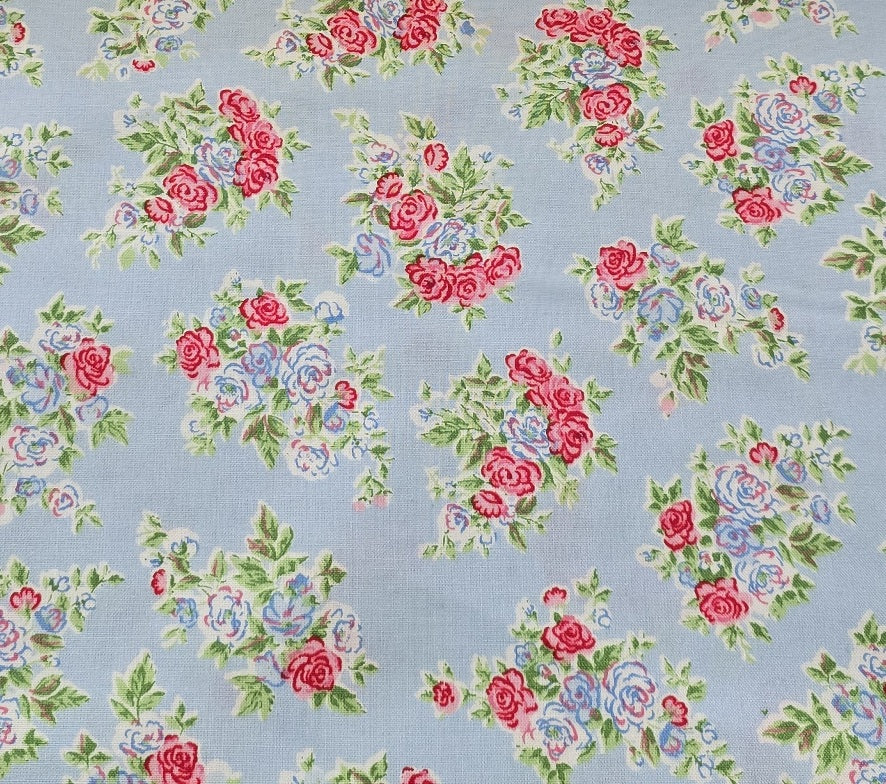 0,5m ,Westfalenstoffe Baumwolle, hellblau rot grün Rosen Bouquet,Organic Cotton