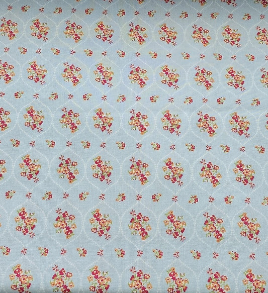 0,5m ,Westfalenstoffe Baumwolle, hellblau rot Rosen Bouquet,Organic Cotton