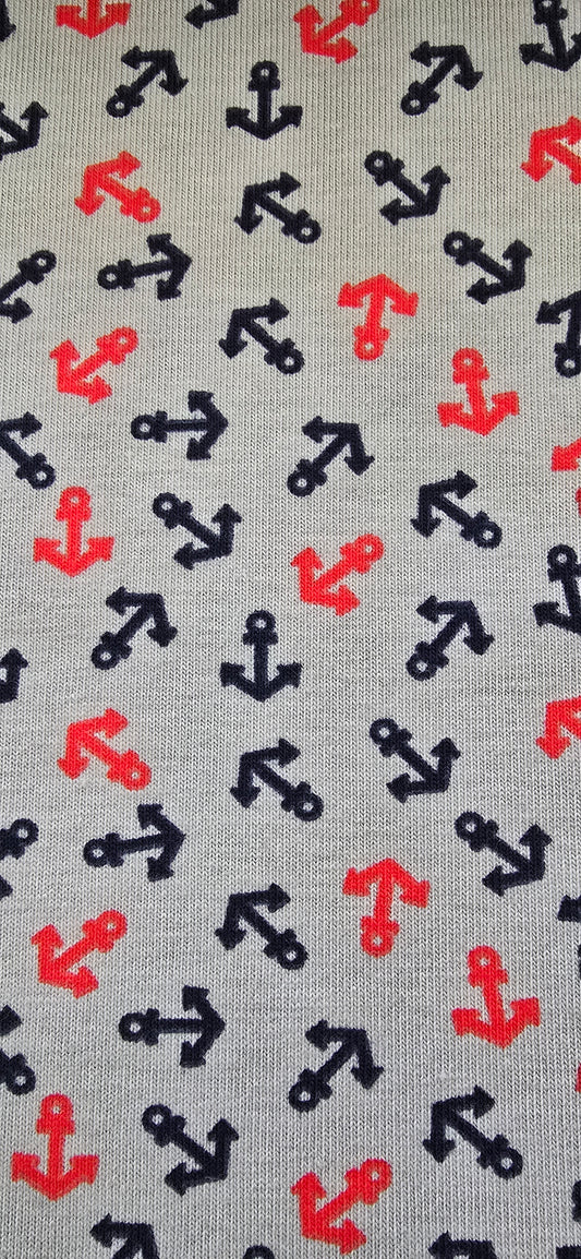 0,5m , Jersey Stoff, Baumwolle, grau rot navy Anker