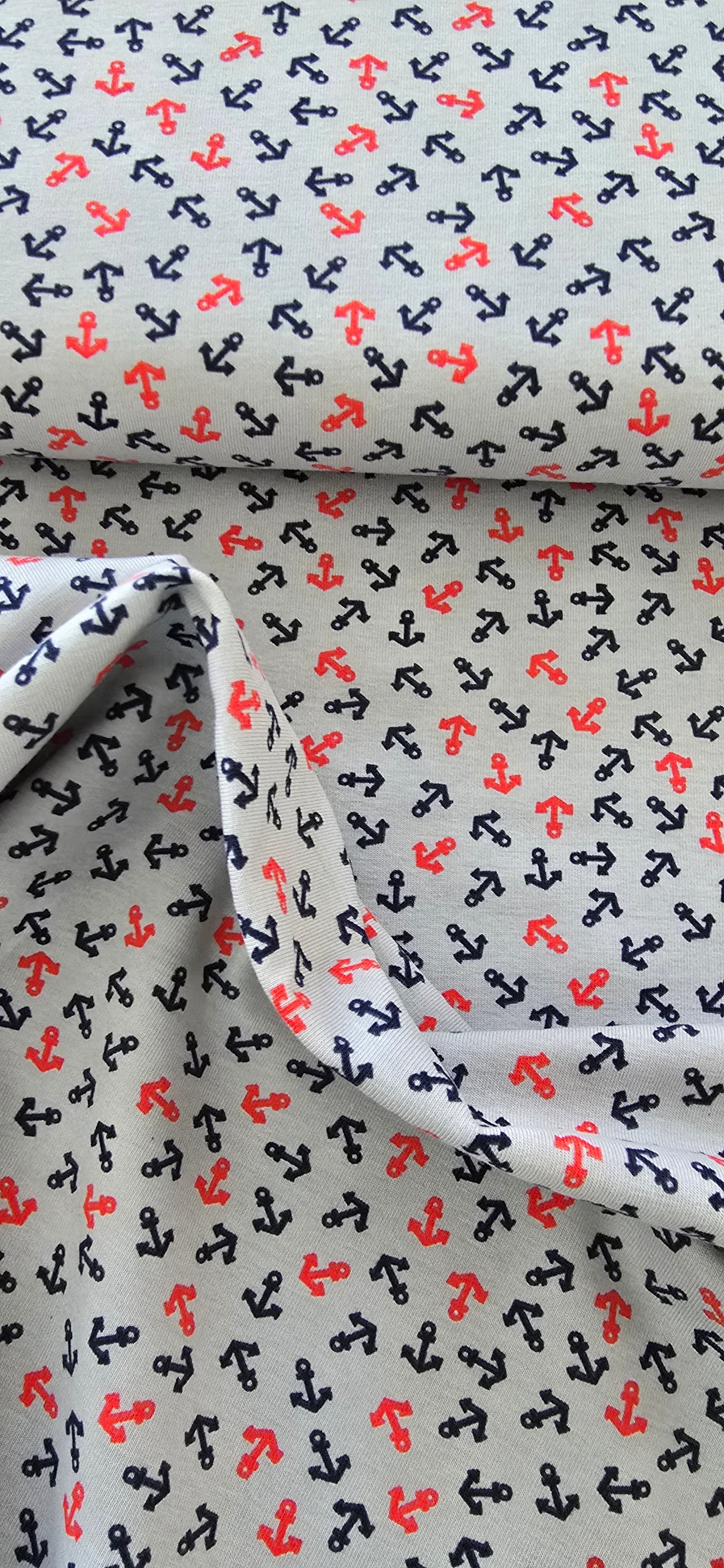 0,5m , Jersey Stoff, Baumwolle, grau rot navy Anker