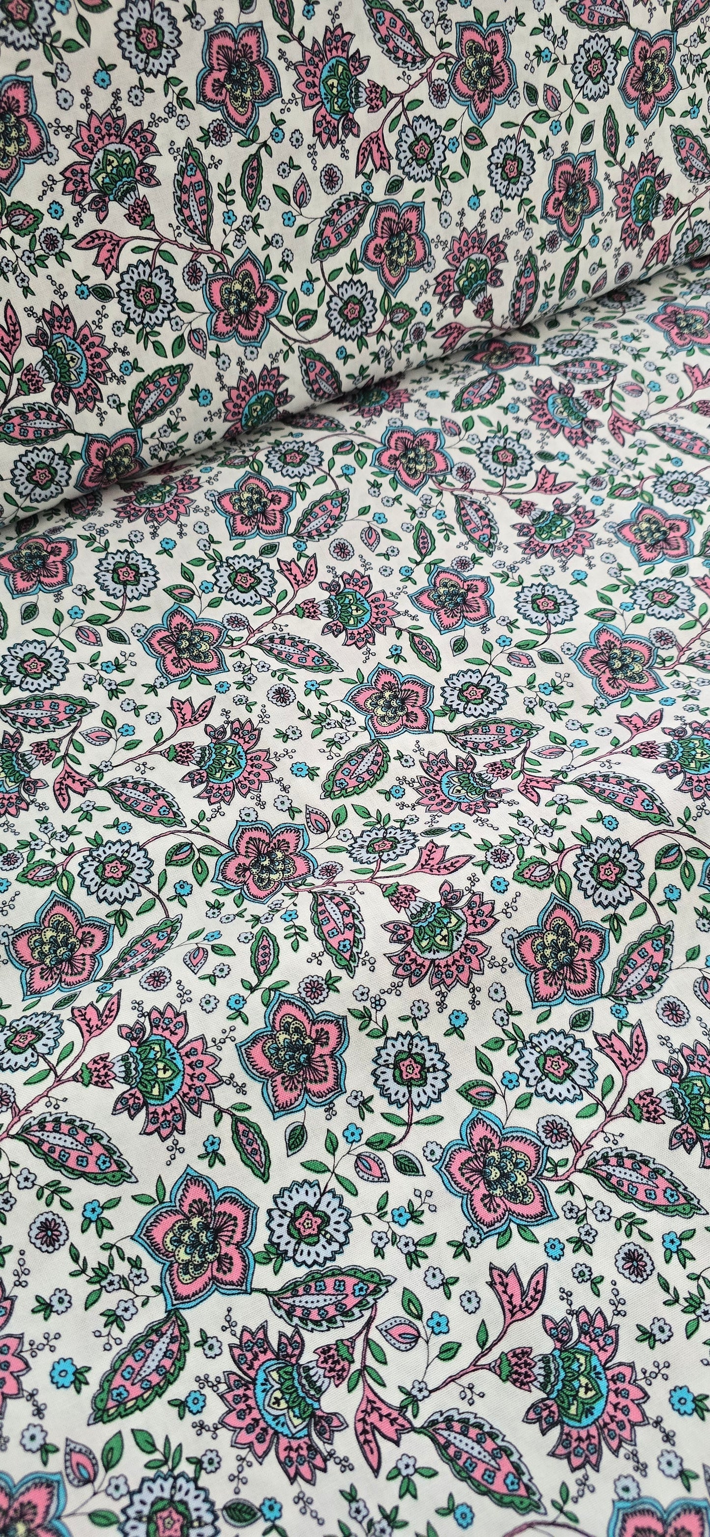 0,5m ,Westfalenstoffe Baumwolle, weiß, rosa, grün, Ornamente, Paisley Organic Cotton