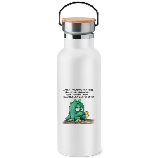 Edelstahl-Trinkflasche mit Bambusdeckel Meine Fremdsprachen sind Ironie und Sarkasmuss...