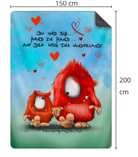 Premium Kuscheldecke, superweich, 150 x 200cm, Kruegerhausdesign Monster, Du und ich Hand in Hand, auf den Weg ins Wunderland