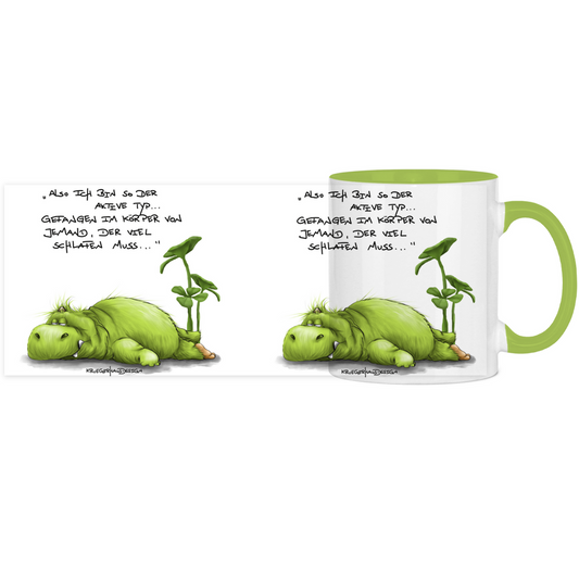 Tasse, Kaffeetasse, Teetasse, zweifarbig, Kruegerhausdesign Monster mit Spruch, klassisch, Also ich bin so der aktive Typ