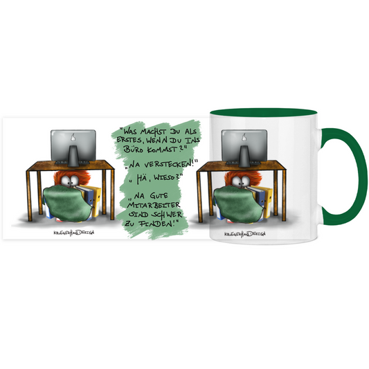 Tasse, Kaffeetasse, Teetasse, zweifarbig, Kruegerhausdesign Monster mit Spruch, 2. Variante, Was machst du als erstes... Büro...