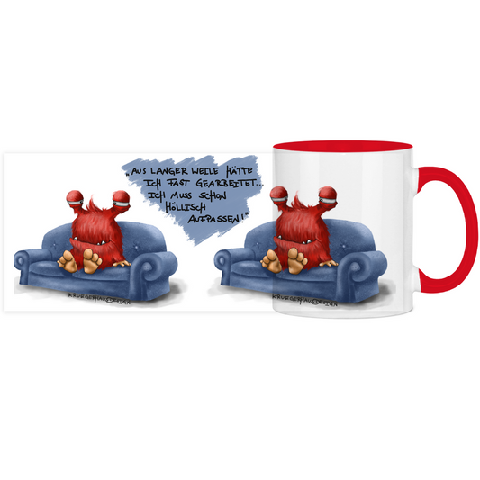 Tasse, Kaffeetasse, Teetasse, zweifarbig, Kruegerhausdesign Monster mit Spruch, 2. Variante, Aus langer Weile hätte ich...