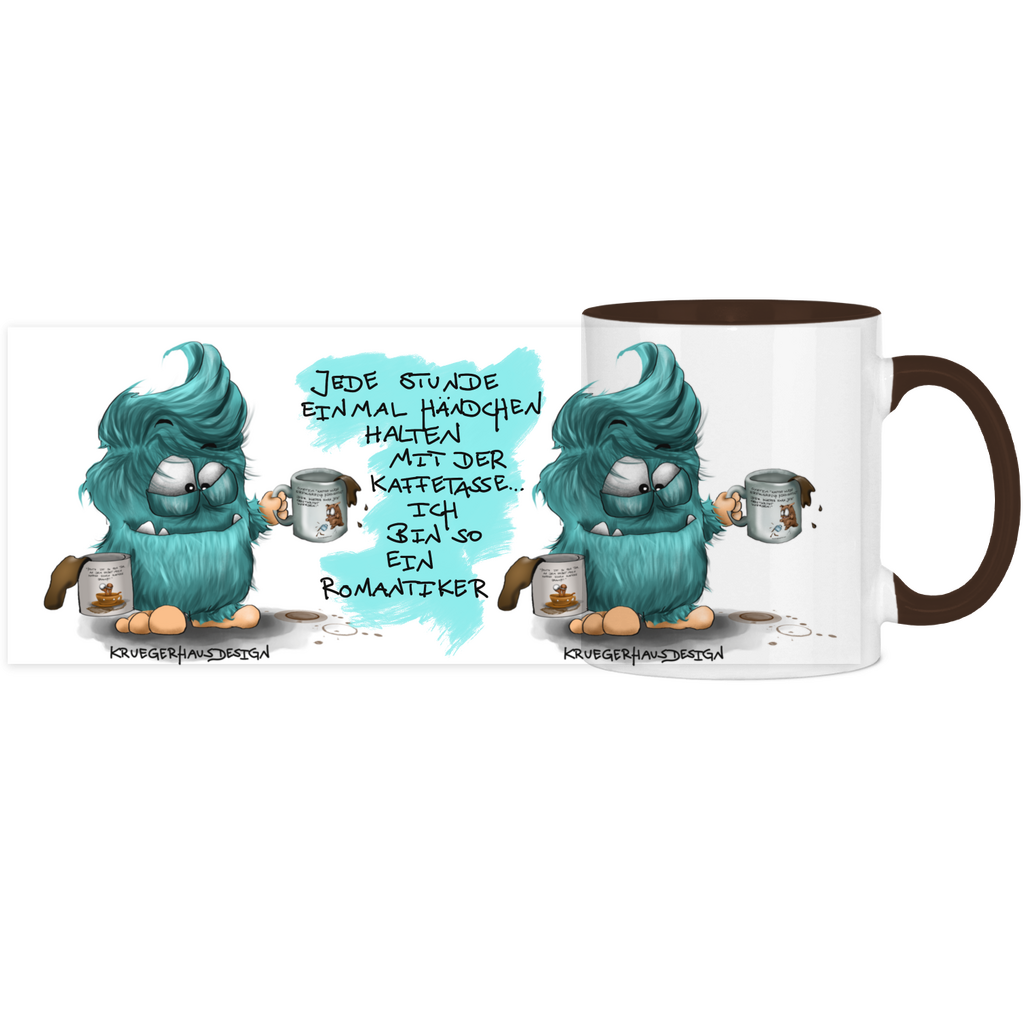 Tasse, Kaffeetasse, Teetasse, zweifarbig, Kruegerhausdesign Monster mit Spruch, 2.Variante, Jede Stunde einmal ....
