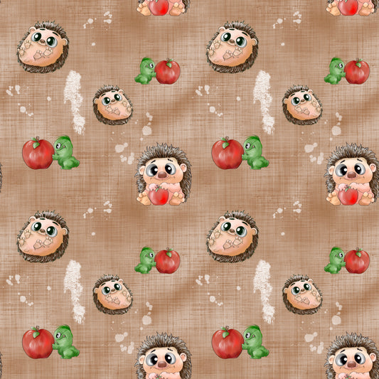 Stoffdesign, Surface Design Handgezeichnet Igel Liebe mit Raupe und Apfel