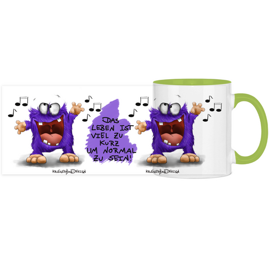 Tasse, Kaffeetasse, Teetasse, zweifarbig, Kruegerhausdesign Monster mit Spruch, 2. Variante, Das Leben ist viel zu kurz...