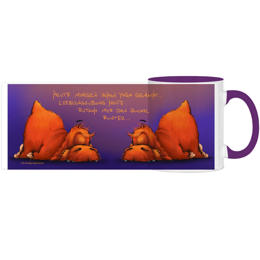 Tasse, Kaffeetasse, Teetasse, zweifarbig, Kruegerhausdesign Monster mit Spruch, Heute morgen schon Yoga gemacht...