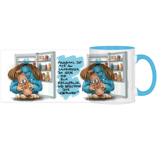 Tasse, Kaffeetasse, Teetasse, zweifarbig, Kruegerhausdesign Monster mit Spruch, 2. Variante, Manchmal ist mir so langweilig...