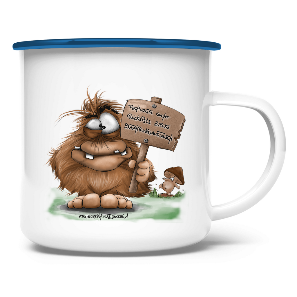 Emaille Tasse Pechvogel sucht Glückspilz zwecks Erfahrungsaustausch, Hugo