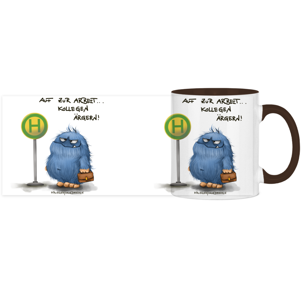 Tasse, Kaffeetasse, Teetasse, zweifarbig, Kruegerhausdesign Monster mit Spruch, Auf zur Arbeit... Kollegen ärgern!