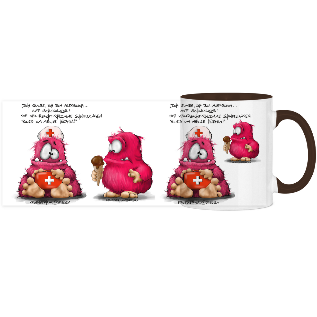 Tasse, Kaffeetasse, Teetasse, zweifarbig, Kruegerhausdesign Monster mit Spruch, Ich glaube, ich bin allergisch...