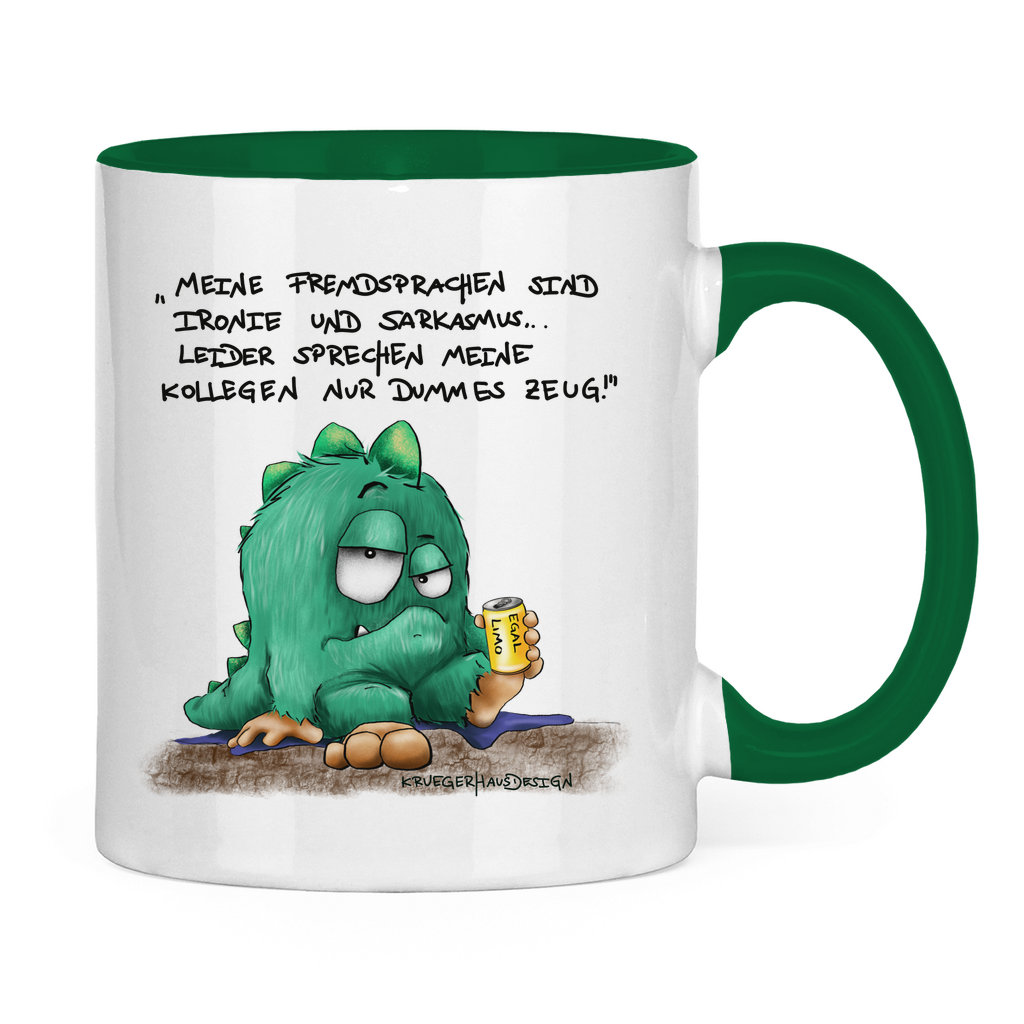 Tasse zweifarbig Meine Fremdsprachen sind Ironie und Sarkasmus, leider meine