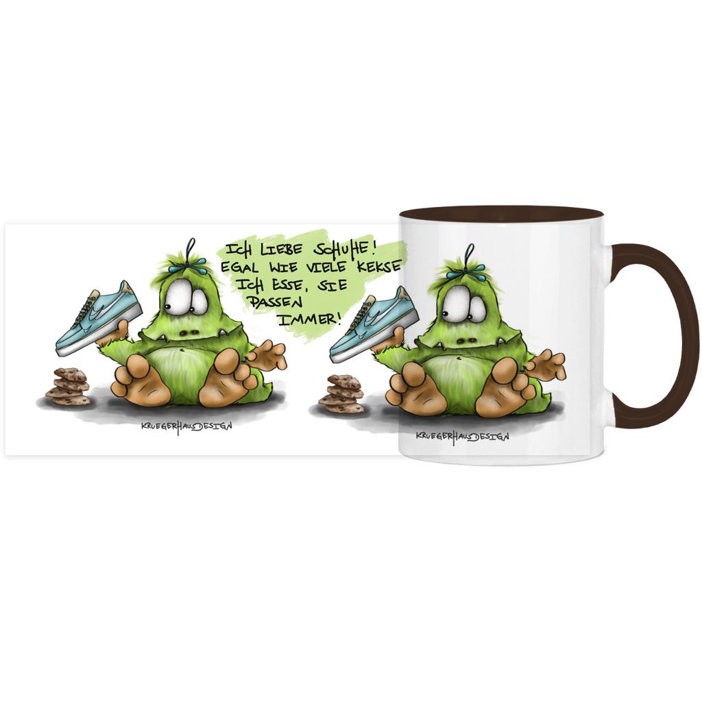 Tasse, Kaffeetasse, Teetasse, Kruegerhausdesign Monster mit Spruch, zweifarbig, 2. Variante, Ich liebe Schuhe...