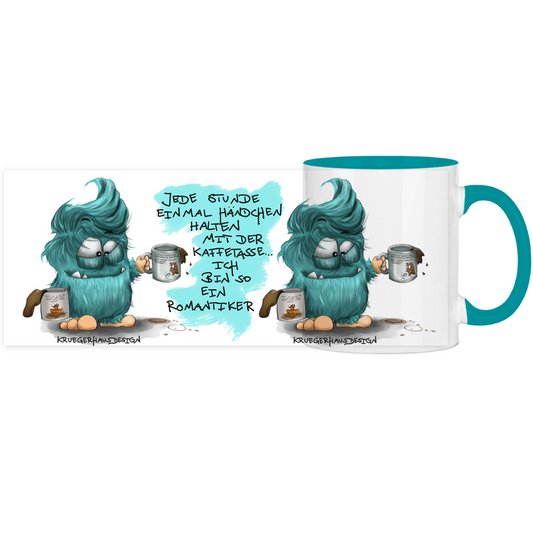 Tasse, Kaffeetasse, Teetasse, zweifarbig, Kruegerhausdesign Monster mit Spruch, 2.Variante, Jede Stunde einmal ....