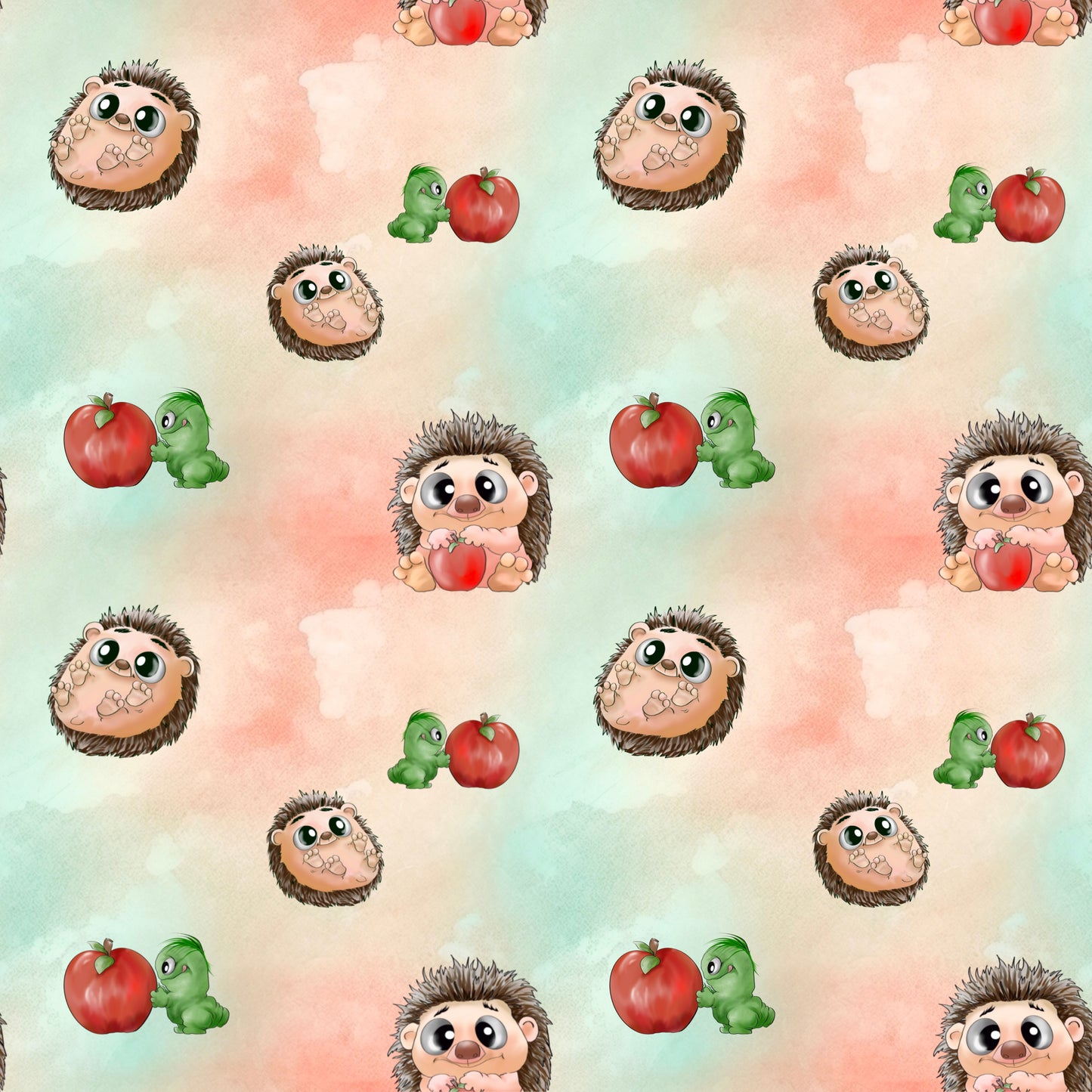 Stoffdesign, Surface Design Handgezeichnet Igel Liebe mit Raupe und Apfel