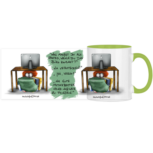 Tasse, Kaffeetasse, Teetasse, zweifarbig, Kruegerhausdesign Monster mit Spruch, 2. Variante, Was machst du als erstes... Büro...
