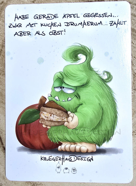 Postkarte Kruegerhausdesign Monster mit Spruch, Habe gerade Äpfel gegessen.... Zwar mit Kuchen drumherum... zählt aber als Obst!
