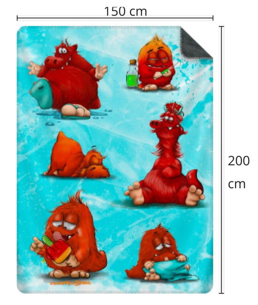 Premium Kuscheldecke, superweich, 150 x 200cm, Kruegerhausdesign Monster, viele Monster in rot und Türkis