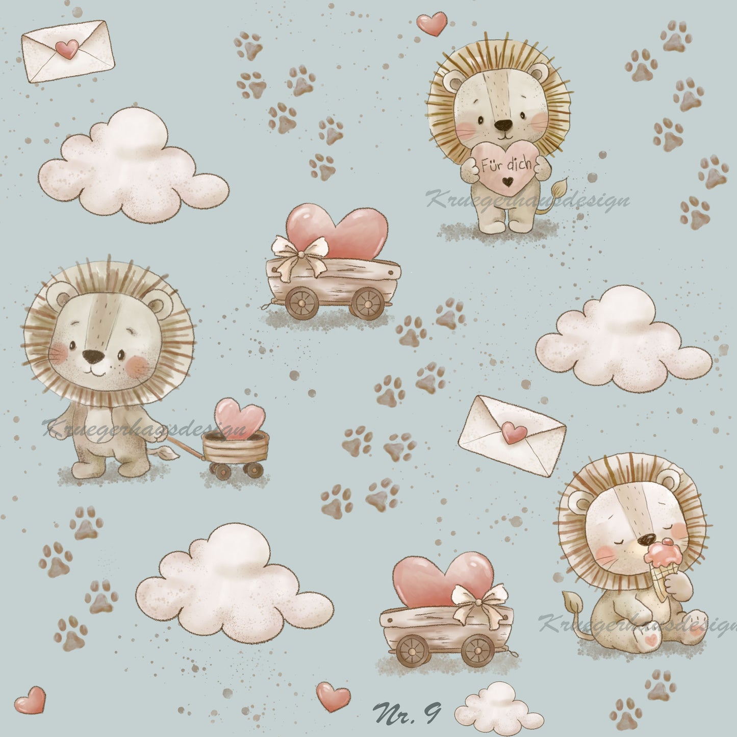 Liebevoll handgezeichnetes Stoffdesign – digitaler Download, LoveLeo9